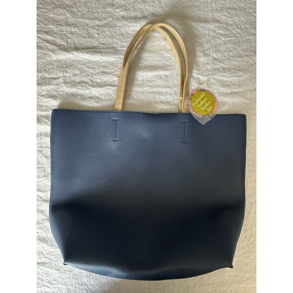 NWT NEW Enchanted Autumn Timeless Tote Bag Navy Blue Felt Green‎ Lining Pocket - Picture 1 of 8